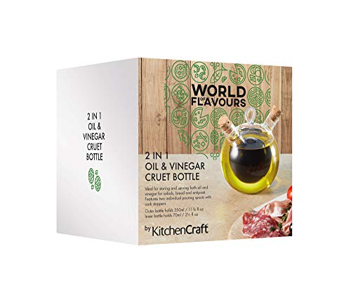 KitchenCraft World of Flavours 2-in-1 Round Olive Oil Dispenser and Vinegar Bottle - Clear Glass, 8.5 x 12 x 10.5 cm