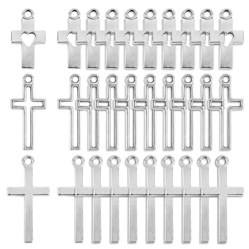 BOFUNX 30 Stücke Kreuz Anhänger Silber 3 Stile Metall Kreuz Charms für DIY Armbänder Halskette Schlüsselanhänger Kommunion Taufe Geschenke Anhänger