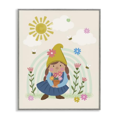 Playful Gnome Floral Garden Pattern, 24 x 30 Inch Framed Giclée Print