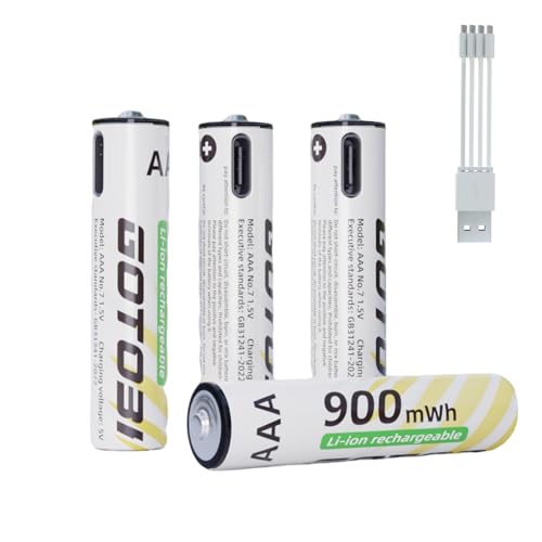 Piles Rechargeables AAA,1,5V Lithium 900 mWh de Haute Capacité Batteries avec câble de Charge USB-C 4 en 1, Charge Rapide en 1 Heure, 1600 Cycle,Lot de 4 avec Boîte de Stockage de Piles