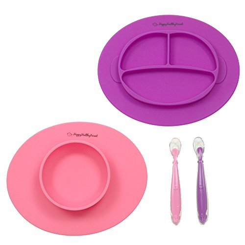 Image of Silicone Bowl and Silicone Plate Easily Wipe Clean! Self Feeding Set Reduces Spills! Spend Less Time Cleaning after Meals with a Baby or Toddler! Set Includes 2 Colors (Pink / Purple)