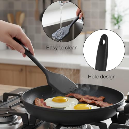 2 Pack Small Silicone Spatula, Heat Resistant Slotted Mini Spatulas, Mini Non-Stick Spatulas Kitchen Spatula Turner Utensils for Cooking Baking & Flipping (Black) - Image 4