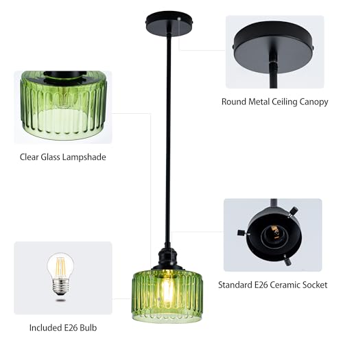 Image of MAYNA 1 Pack Modern Pendant Light with Green Striped Glass Lmapshade, Black Vintage Pendant Light, Adjustable Hanging Light for Kitchen Island Dining Room Hallway(Bulb Included)