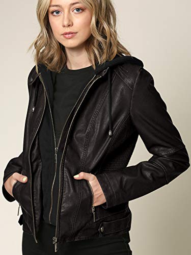 Ll Wjc1044 Womens Faux Leather Quilted Motorcycle Jacket With Hoodie L Black #TOP5