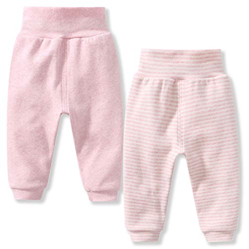 Baby Girls Jogger Pants 12M Cotton Pants Baby Girl High Waist Fit Knit Sweatpants 2 Pack Sets Pink 9-12M