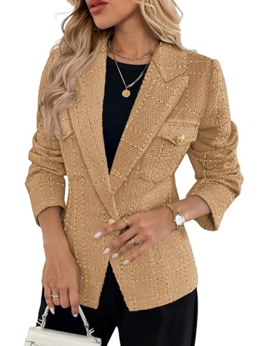 Mina Self 2025 Fall Women's Tweed Blazer Plaid - Slim Fully-Lined Fashion Casual Elegant Work Office Suit Jacket with Pockets