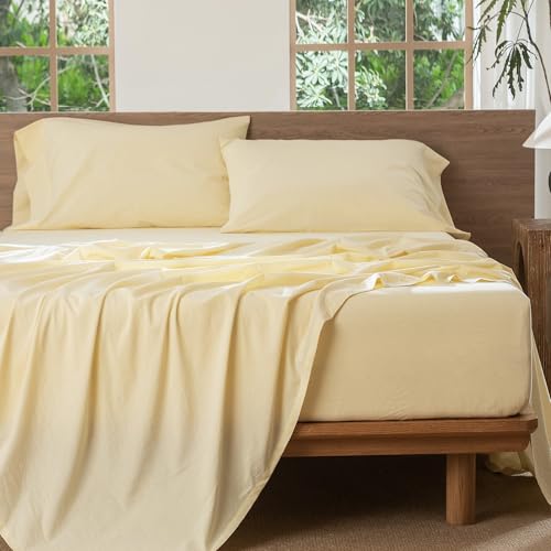 Image of MooMee Sheet Set 100% Washed Cotton Linen-Like Extra Deep Pocket Cal King | Relaxed Linen-like Texture. Soft, Breathable & Lightweight Comfort. 15-19 inch Extra Deep Pocket with All-around Elastic