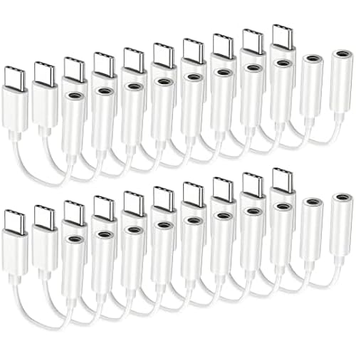 USB C to 3.5mm Headphone Jack Adapter 20-Pack, HiFi Type C to AUX, White