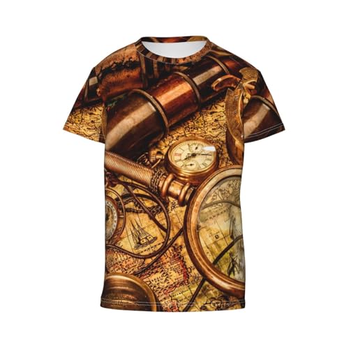 Teen Boys Crew Neck Short Sleeve T-Shirt 3D Printed Graphic Tee Shirts Nautical Map Compass Telescope T-Shirt for Youth3