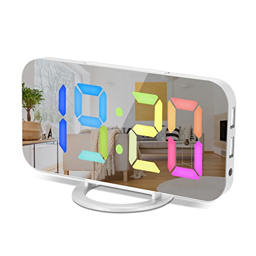 Digital Clock Large Led Display, Mirror For Makeup With Dual Usb Charger Ports, Auto Dimmer Mode,Snooze, Modern Mirror Desk Wall Clock For Bedroom Home Office For All People(White-Colorful) #TOP5
