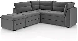 Sofá de Canto com Puff Monte do Seu Jeito Benfica Veludo Cinza Luizzi