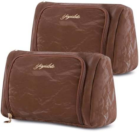 Cosmetic Bag Travel Makeup Bag Large Capacity Small Travel Zipper Pouch Makeup Organizer Bag for Women (Brown-2 Pack)
