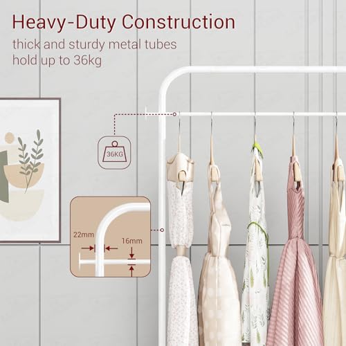 Image of Lukzer | MGR-009 | White | Metal Clothes Rail Stand with 360 Rotating Wheels & Leather Storage Bin - 4 Hook Metal Garment Rack Organizer for Closet, Laundry Room, Bedroom & Dorm | 171 x 75 x 35 cm