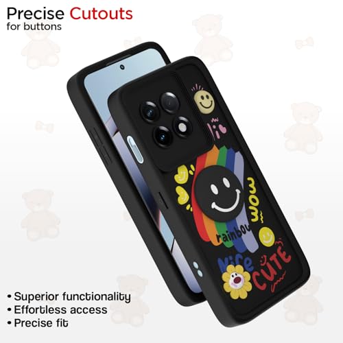 Image of Pikkme Back Cover for OnePlus 11R 5G | Soft Silicone| Cute Rainbow Smile & 3D Cartoon Flower Design | Shockproof Raised Camera Protection Bumper Case (Black)