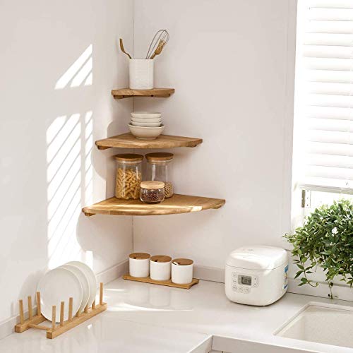 Corner Shelves Wall Mount, 10inch Oak Wood Floating Corner Shelves Set of 2 Round End Small Plant Shelf Wall Mount for Kitchen, Living Room, Bedroom…