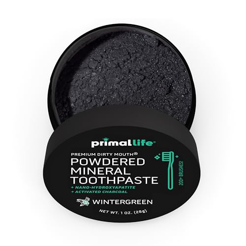 Image of Primal Life Organics - Dirty Mouth Toothpowder, Activated Charcoal Tooth Cleaning Powder, Essential Oils Natural Kaolin & Bentonite Clay, 200+ Brushings Organic Vegan (Charcoal Wintergreen, 1 oz)