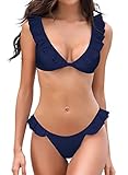 SHEKINI Women's Bathing Suits Ruffles Flounce Bikini Sets Low Rise Two Piece Swimsuit(Small, Charming Blue)