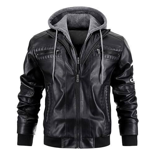 Men's Faux Leather Hood Jacket PU Motorcycle Vintage Winter Jackets Zip-Up Leather Biker Windproof Coats (3X-Large,Black)
