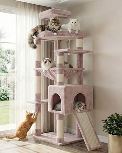 Image of Heybly 64.2 inch Heavy-Duty Cat Tree for Large Cats with Wide Base HCT027MU | Indoor Cat Tower with Scratching Posts & Board, Cat Furniture with Big Platforms, Extra-Large Hammock, Rosy Brown