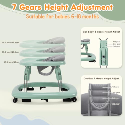 Image of Baby Walker with Wheels, One-Touch Foldable Walker & 7‑Level Height Adjust