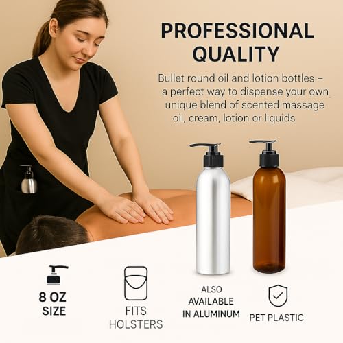 8 oz Bullet Pump Bottle - Refillable Massage Oil, Lotion, Soap, Shampoo Dispenser - BPA-Free PET with Black Locking Pump - UV-Resistant for Essential Oils (3, Aluminum)2