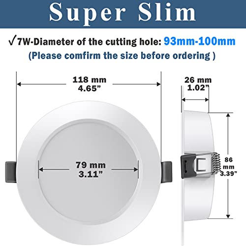 LED Downlights Ceiling Cool White 6500K 7W 600LM, AC220-240V, Cut Φ93-100mm, Ultra Slim LED Recessed Ceiling Lights for Bedroom Kitchen Living Room, 10Pack