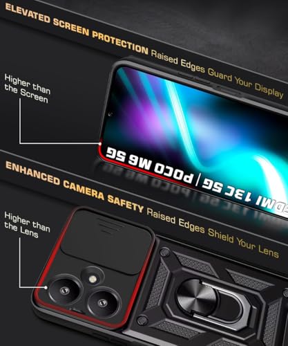Image of WOW IMAGINE Tough Armor Bumper Mobile Back Case for Mi Redmi 13C 5G | Poco M6 5G | Sliding Camera Shield Cover | Shockproof 360 Protection | Hybrid PC + TPU | Ring Holder with Kickstand - Black