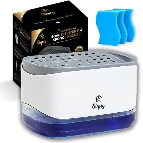 New Premium Dish Soap Dispenser for Kitchen Sink – Modern 2-in-1 Kitchen Soap Dispenser with Sponge Holder – QuickSuds Dish Soap Pump Dispenser w  Rust-proof Sponge Tray by Olepsy – Includes 3 Sponges