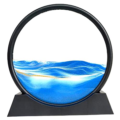 Ieron Blue 7" Moving Sand Art Picture Display, Round Glass Flowing Sand Painting 3D Dynamic Hourglass Deep Sea Relaxing Ocean Natural Decor for Desktop Home Office Work - Image 3