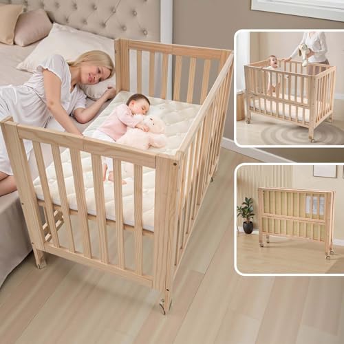 Image of Flwrgirl Folding Wood Bedside Bassinet - Portable 4-in-1 Baby Bassinet with Breathable Mattress,3 Heights Baby Crib with Wheels,Mini Crib for Infant Newborn and Small Space,Unpainted