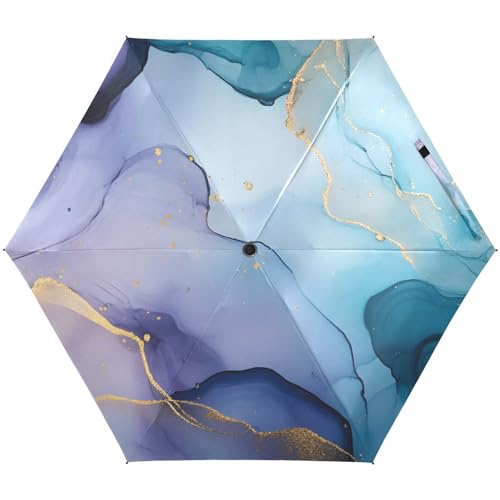 Quteprint Paraguas de viaje de 5 pliegues para lluvia, sol y protección UV, pintura de tinta de mármol, resistente al viento, 6 varillas, UPF 50+, paraguas plegable compacto y ligero para adultos y