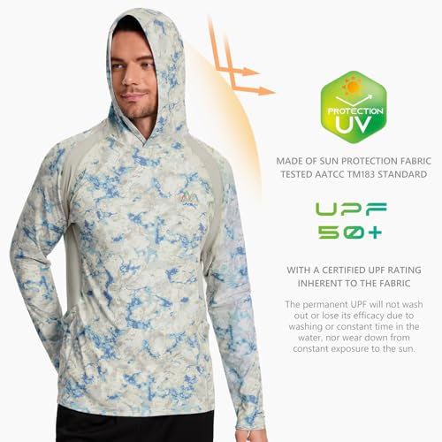 Image of Men's UPF 50+ Hoodie Shirt Long Sleeve Permanent UV Sun Protection Vented Tee Performance for Outdoor Hiking Fishing