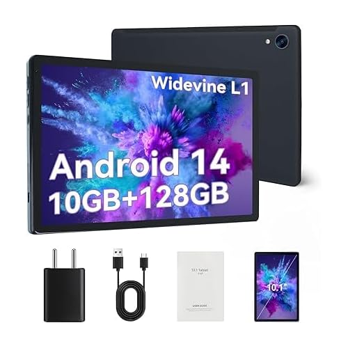 FYMLCPFY Tablet 10 inch Android 14 Tablet Octa-Core Processor, 10GB RAM + 128GB ROM (1TB TF), Widevine L1, WiFi 6, Bluetooth 5.0, Dual Camera, 5000mAh(Black)