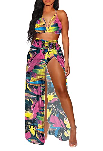 Pink Queen Women's 3 Piece Swimsuit Hawaiian Sheer Bikini Cover Up Dress M Multicolor #TOP30