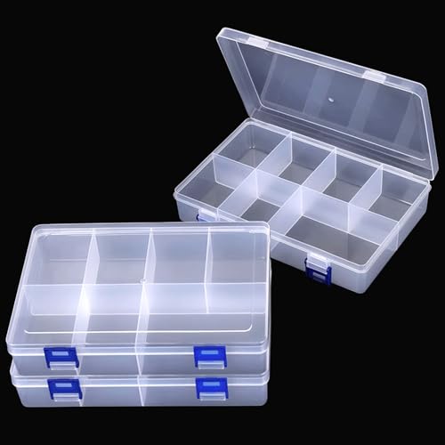 Pack of 3 Storage Boxes with 8 Compartments, Plastic Sorting Box for Small Parts, Adjustable Assortment Box, Plastic Storage Box, Jewellery, Transparent, 19.5 x 12.5 x 4.5 cm, for Beads, Earrings