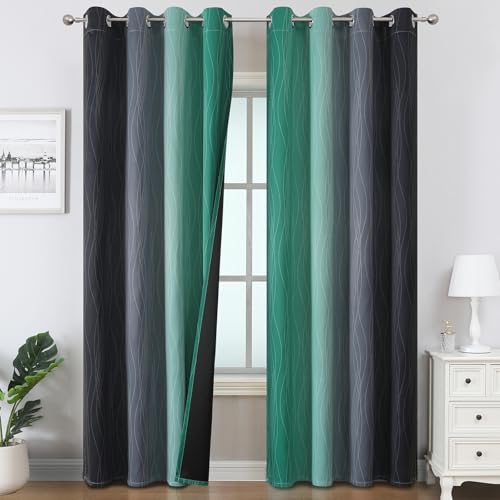 Image of Estelar Textiler Black and Green Ombre Blackout Curtains 84 Inch Length 2 Panels Set for Living Room, Energy Saving Thermal Insulated Light Blocking Grommet Window Drapes for Bedroom,52Wx84L,2 Panels