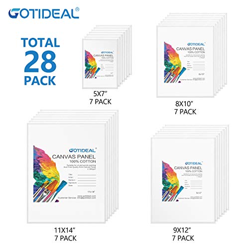 GOTIDEAL Canvas Boards for Painting Multi Pack, Primed 5x7, 8x10, 9x12, 11x14 Set of 28, White Blank Canvas Panel- 100% Cotton Artist Canvases Pack for Acrylic, Oil, Watercolor - Thumbnail 2