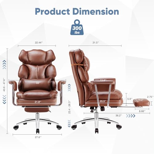 Image of DUMOS Home Office Desk Executive Chair - Ergonomic Big Tall High Back with Footrest & Lumbar Support, Reclining Height Adjustable, Comfy PU Leather Computer Gaming with Swivel Wheels, Brown