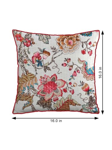 Image of Pure Cotton Quilted Cushion Cover 16x16 Inch | Anokhi Print Decorative Throw Pillow Cover | Soft Cotton Sofa Cushion Cover with Hidden Zipper | Living Room Bedroom Home Decor