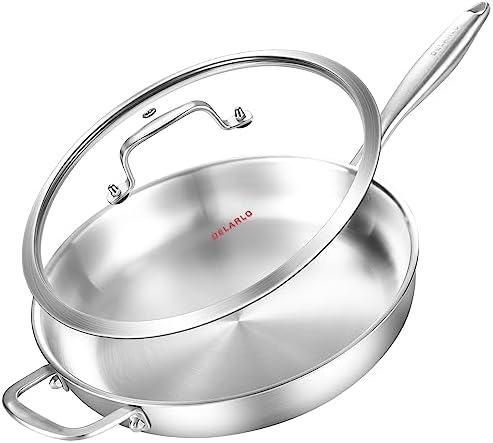 DELARLO Tri-Ply Stainless Steel Pan with Lid 12inch丨Compatible with All Cooktops Up to 600℉丨Stainless Steel Skillet 12 inch丨Heavy Duty丨Frying Pan with Lid丨18/10 Large Cooking Surface - Thumbnail 3