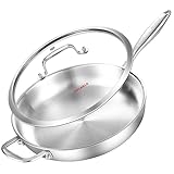 DELARLO Tri-Ply Stainless Steel Pan with Lid 12inch丨Compatible with All Cooktops Up to 600℉丨Stainless Steel Skillet 12 inch丨Heavy Duty丨Frying Pan with Lid丨18/10 Large Cooking Surface