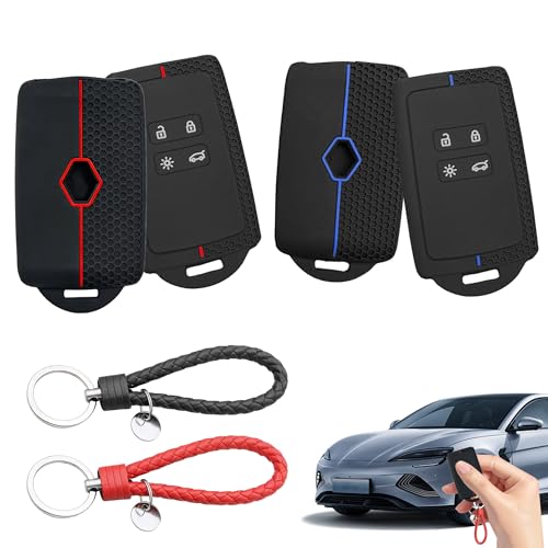 2Pcs Car Key Cover for Renault and Dacia Silicone 4 Buttons Key Card Case Soft TPU Car Key Fob Protector Compatible with Renault, Clio, Captur, Megane, Kadjar (Red Line/Blue Line)