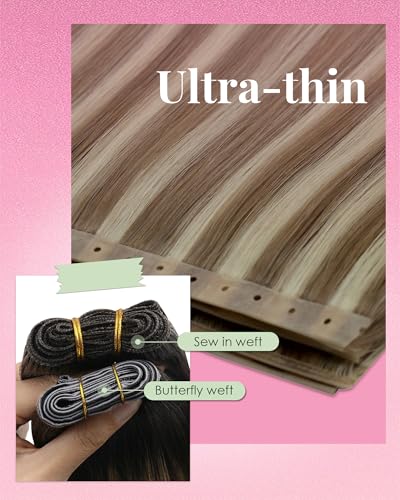 Image of YoungSee Butterfly Weft Hair Extensions Human Hair Highlights, 100g 20 Inch Seamless PU Hole Weft Hair Extensions, Light Brown Highlight Platinum Blonde, Butterfly Hair Extension for Fine Hair