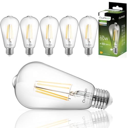 Lumiled ST64 E27 LED Vintage Lampe 8W (Entspricht 60W), 880 Lm transparentes Glas Leuchtmittel Edison 4000K Neutralweiß Licht Traditionelle Birne Retro 360° Glühbirnen Filament 6er-Pack Fadenlampe