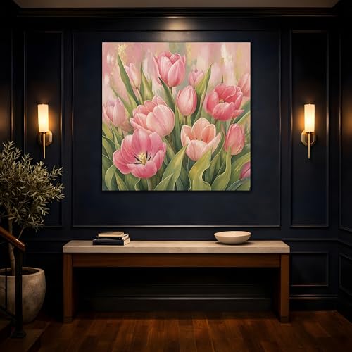 Toile tulipes roses et or au-dessus du canapé pour décoration salon chic