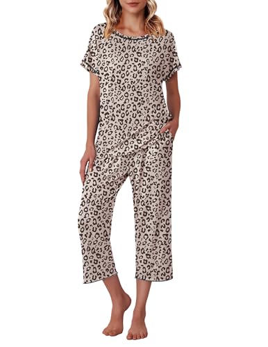 Image of Ekouaer Women's Capri Pajama Sets Print Short Sleeve Sleepwear Top and Capri Pants Soft Loungewear with Pocket