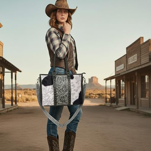 Image of Merbaa Western Cowhide Hairon Leather Tote Bag for Women With Adjustable Tooled Shoulder Strap Leather Purse