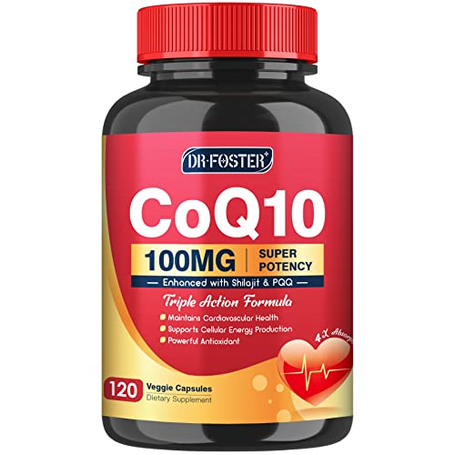 DRFOSTER CoQ10 100mg with PQQ & Shilajit - High Absorption Coenzyme Q10 Supplement Enhances Mitochondrial, Powerful Antioxidant for Heart Health & Energy-Production, 120 Veggie Capsules