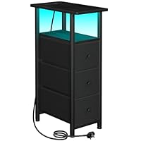 LOAKEKEL Slim Bedside Table with Charging Station, Narrow Side Table with LED Light, Small Sofa Table with 3 Fabric Drawers, End Table, Nightstand for Small Spaces, Living Room, Black UHETNDP03LBK-1
