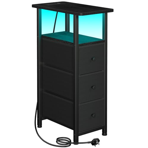 LOAKEKEL Slim Bedside Table with Charging Station, Narrow Side Table with LED Light, Small Sofa Table with 3 Fabric Drawers, End Table, Nightstand for Small Spaces, Living Room, Black UHETNDP03LBK-1